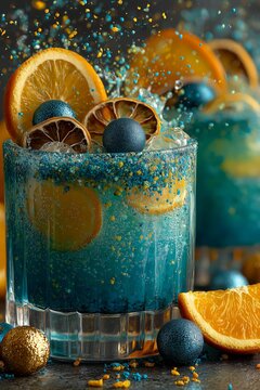 Dynamic Aperol‑style holiday drink exploding with ice and orange peel among blue baubles, perfect for modern party promos.
