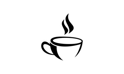 Simple black and white illustration of a steaming hot coffee cup.