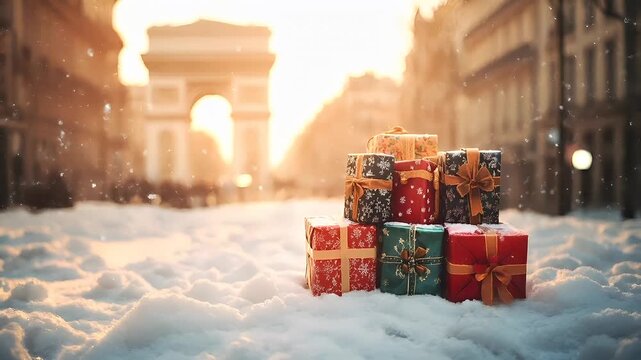 Winter holiday celebration concept. Christmas New Year. A festive winter scene featuring a stack of wrapped presents against a backdrop of a city street during what appears to be snowfall.