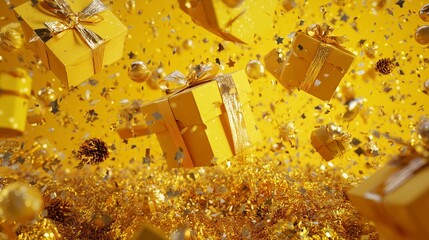 Energetic yellow-gold gift scene with floating presents and glimmering particles, great for joyful holiday advertising, e-commerce banners and seasonal promotions.