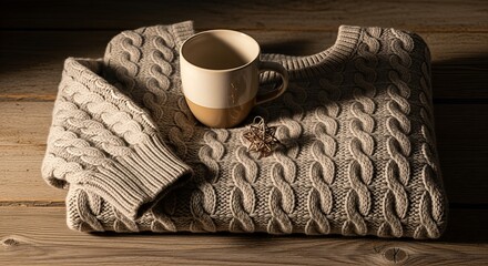 A cozy cable-knit sweater folded on a wooden surface with a ceramic mug and a star ornament, evoking warmth and comfort.