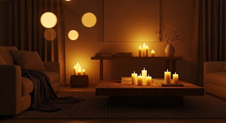A cozy living room at night, softly lit by numerous glowing candles and warm pendant lights, creating an intimate and relaxing ambiance.