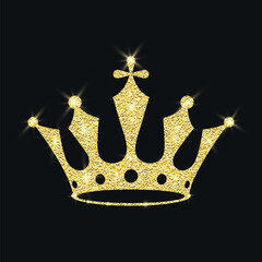 Gold Glitter Crown, Royal Tiara, Vector Illustration. Luxury Sparkle Emblem on Black. Gold Glitter Crown Icon for Queen and King. Gold Glitter Crown Clipart, Luxury Tiara Logo, Sparkling Jewel