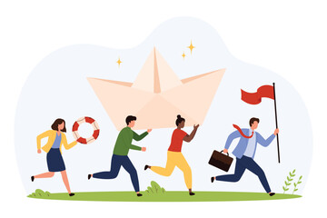 Business team carrying paper boat, running with flag and lifebuoy, symbolizing teamwork, leadership, new beginnings, creative startup, flat style isolated vector illustration