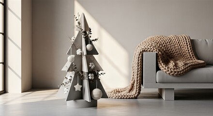A minimalist Christmas tree with white ornaments next to a modern sofa with a chunky knit blanket in a sunlit room.
