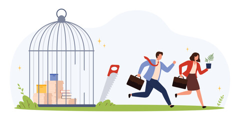 Two office workers run from a birdcage filled with paperwork and books, symbolizing quitting stressful jobs and seeking freedom, flat isolated vector illustration