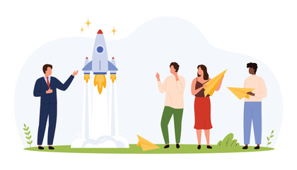Business team faces competition as one launches a rocket while others hold paper planes, symbolizing innovation, ambition, and different approaches to success isolated vector illustration