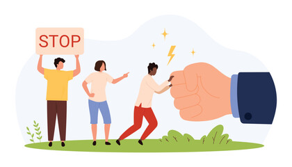 Group of small people protesting against large authoritative fist, symbolizing resistance, social justice, and standing up to power in society isolated vector illustration