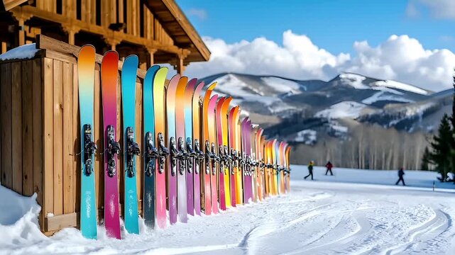 A row of colorful skis leaning against a wooden fence on a snowy slope. The skis display a variety of colors, including red, blue, yellow, green, and purple.