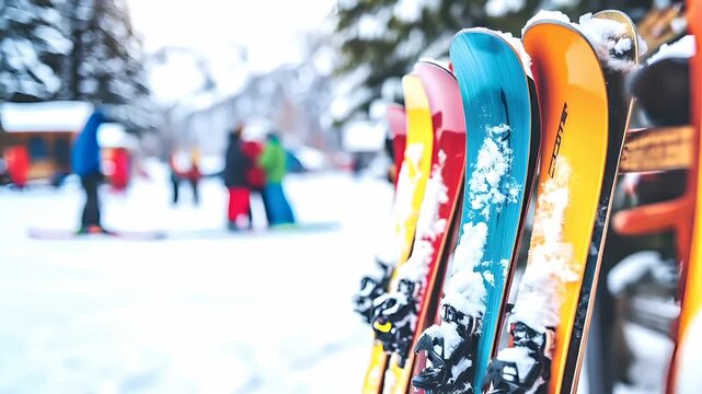 A closeup shot of a row of skis leaning against a wooden fence in a snowy setting. The skis are of various colors, including yellow, blue, and orange, and are covered in snow.