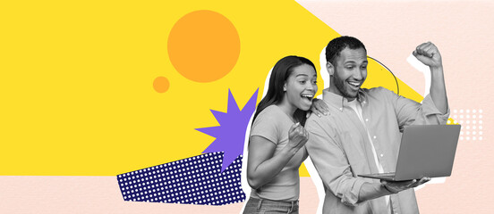 A cheerful couple shows excitement while looking at a laptop. The vibrant collage background features playful shapes. Their joyful expressions reflect a moment of achievement and happiness.