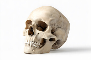 Obraz premium Detailed human skull displayed on a plain surface showing its anatomical features and structure in a well-lit environment