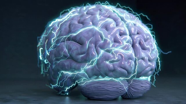 A vibrant 3D rendering of a human brain with glowing blue electrical energy discharges surrounding its cerebral cortex and cerebellum, symbolizing thought and neural activity.