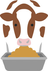 Vector illustration of a brown and white cow eating from a feed trough.