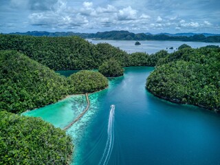 Speedboat leaving wake through emerald channels between tropical islets © John
