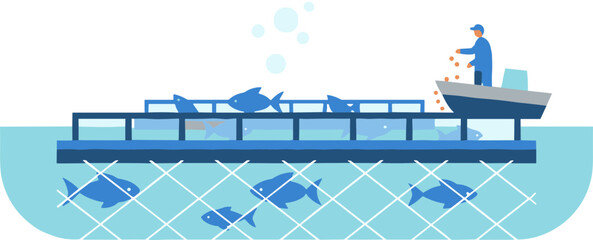 A worker on a boat feeding fish in a large aquaculture sea cage a flat vector illustration of mariculture.