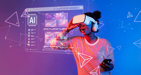 A young woman enjoys an immersive experience with a VR headset, exploring AI-generated content in a vibrant setting that highlights the intersection of technology and creativity. XDMCP