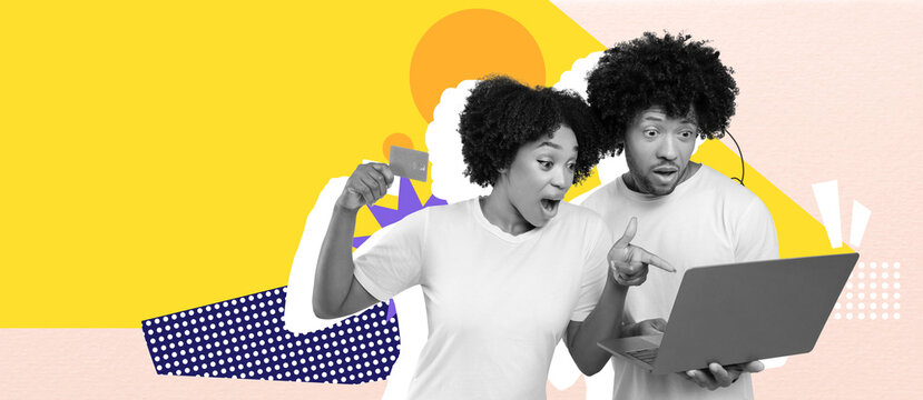 A couple shares a joyful moment while shopping online. The woman holds a credit card and gestures excitedly, while the man points at the laptop screen. - Powered by Adobe