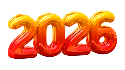 Shiny 3D Red Orange 2026 Numbers on White Background