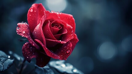 A vibrant red rose is adorned with glistening raindrops, creating a dramatic and romantic scene against a blurred, dark background.