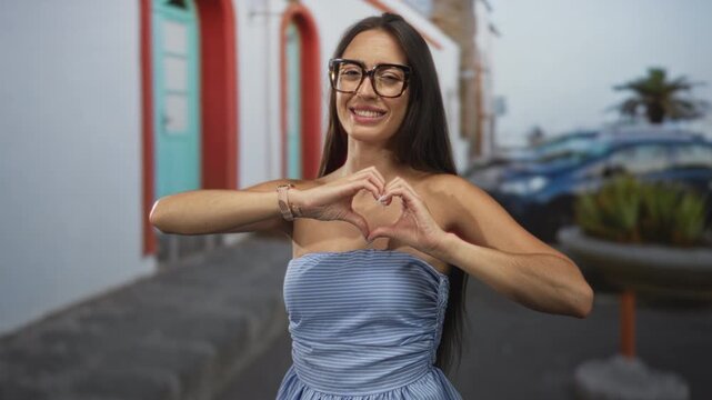 Woman forms heart with hands on street in front of colorful building wearing strapless blue dress and glasses, smiling at camera; love friendship.