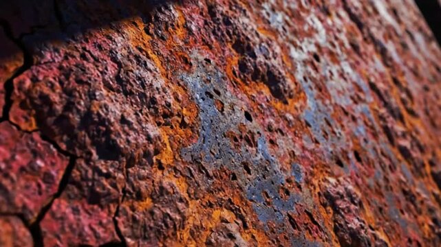 Close-up of a heavily rusted metal surface with vibrant orange, red, and blue tones, showcasing intricate texture and natural decay.