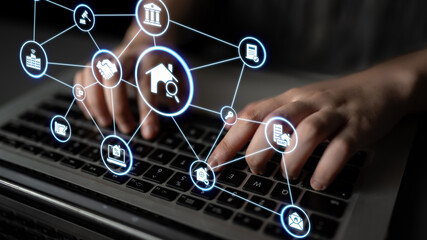 Online property search icons showing real estate rent, sale, housing, location, property...