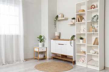 Interior of light room with bookshelf, commode and plants © Pixel-Shot