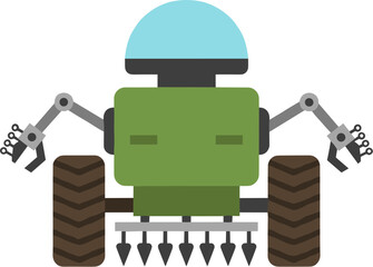 Futuristic agricultural robot with wheels and seeder tool illustration.