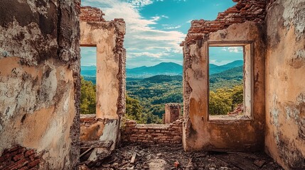 An abandoned building with crumbling walls and broken windows offers a breathtaking view of a mountainous landscape under a clear blue sky.