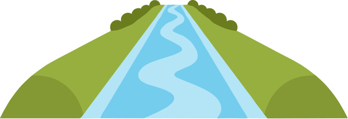 A cartoon river flowing through a green landscape on a white background.