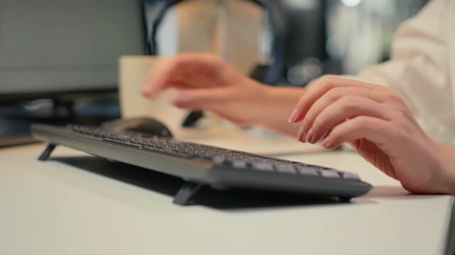 Close up of software developer typing on keyboard in office, using artificial intelligence. IT worker using writing code on PC to train deep learning datasets systems, camera B