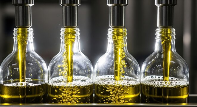 Abf&uuml;llung von Oliven&ouml;l in Flaschen: Industrieller Prozess der Lebensmittelherstellung in einer Fabrik
