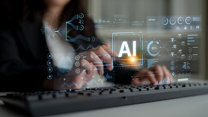 A futuristic AI dashboard for business intelligence. This platform showcases advanced data analytics, processing complex information into visual charts and graphs for strategic insights. Fermion