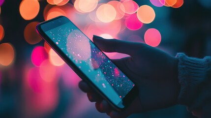 A person holds a smartphone displaying a vibrant, colorful screen with bokeh lights in the background, suggesting a nighttime urban setting.