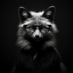 Obraz premium Fox in suit and glasses. Intelligent animal humanization character for avatar and profile picture with cool smart look. Fashionable animal black white art.