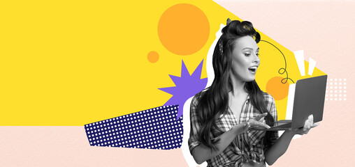 A dynamic collage features a smiling woman with long hair, using a laptop. Bright colors and geometric shapes create an energetic atmosphere, emphasizing her engagement in creative activities.