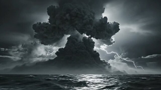A dramatic black and white image of a colossal mushroom cloud rising from the dark, turbulent ocean, evoking themes of power, destruction, and environmental impact.