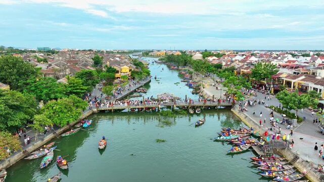Aerial drone shot of Hoi An, Vietnam, in the morning, in Quang Nam province, a very popular tourist destination.
