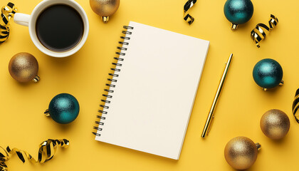 Naklejka premium Planning New Year resolutions with blank notebook, black coffee, pencil, and festive golden streamers with blue ornaments