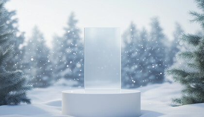 Empty clear glass panel on a white podium in a pristine snowy winter scene for product showcase concept and holiday promotions