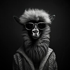 Obraz premium Alpaca wearing sunglasses and jacket. Cool animal in humanized costume. Funny avatar for social media and character design. Digital art.