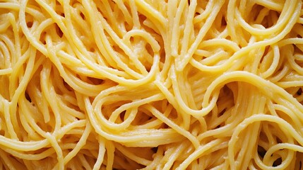 A close-up shot of tangled strands of cooked spaghetti, showcasing its texture and golden-yellow color. The pasta is piled high, creating a dense and visually appealing arrangement.