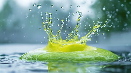 A vibrant lime green lime is dramatically splashing into a pool of water, creating a burst of refreshing droplets and a dynamic splash effect.