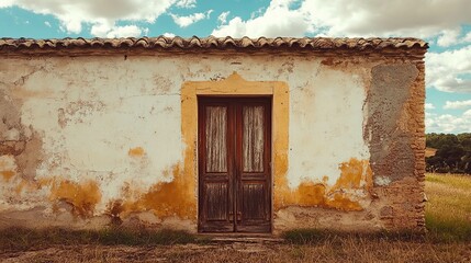 A weathered, rustic building with a dark wooden door and peeling white paint sits in a rural landscape under a bright blue sky.