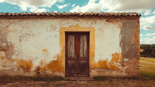 A weathered, rustic building with a dark wooden door and peeling white paint sits in a rural landscape under a bright blue sky. - Powered by Adobe