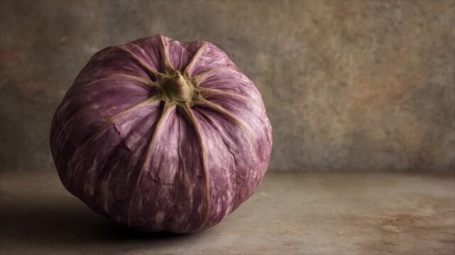 Still Life of Purple Garlic Bulb on Rustic Surface.
