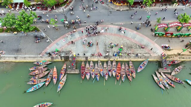 Aerial drone shot of Hoi An, Vietnam, in the morning, in Quang Nam province, a very popular tourist destination.
