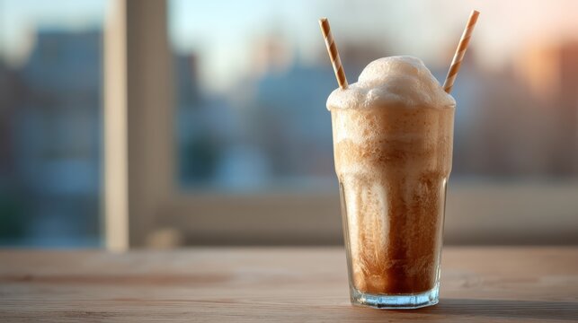 Root beer float with striped straw on clean surface