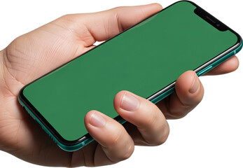 Person's hand holding a modern smartphone with a green screen display, isolated on a transparent background, ready for custom content.
